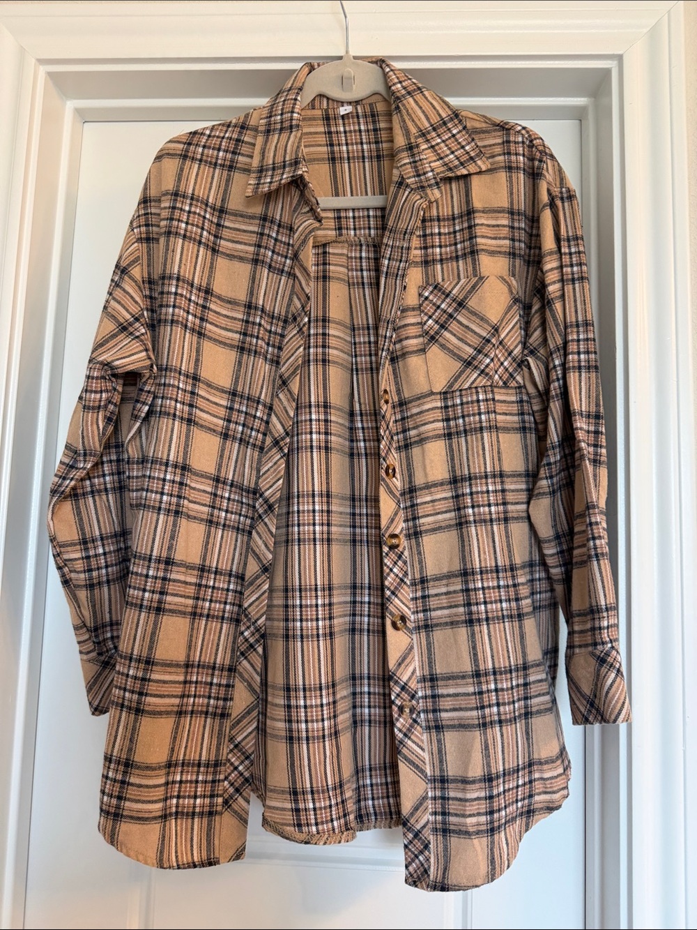 Amazon Beige and Black Plaid Utility Shacket - Women's Jacket & Coat